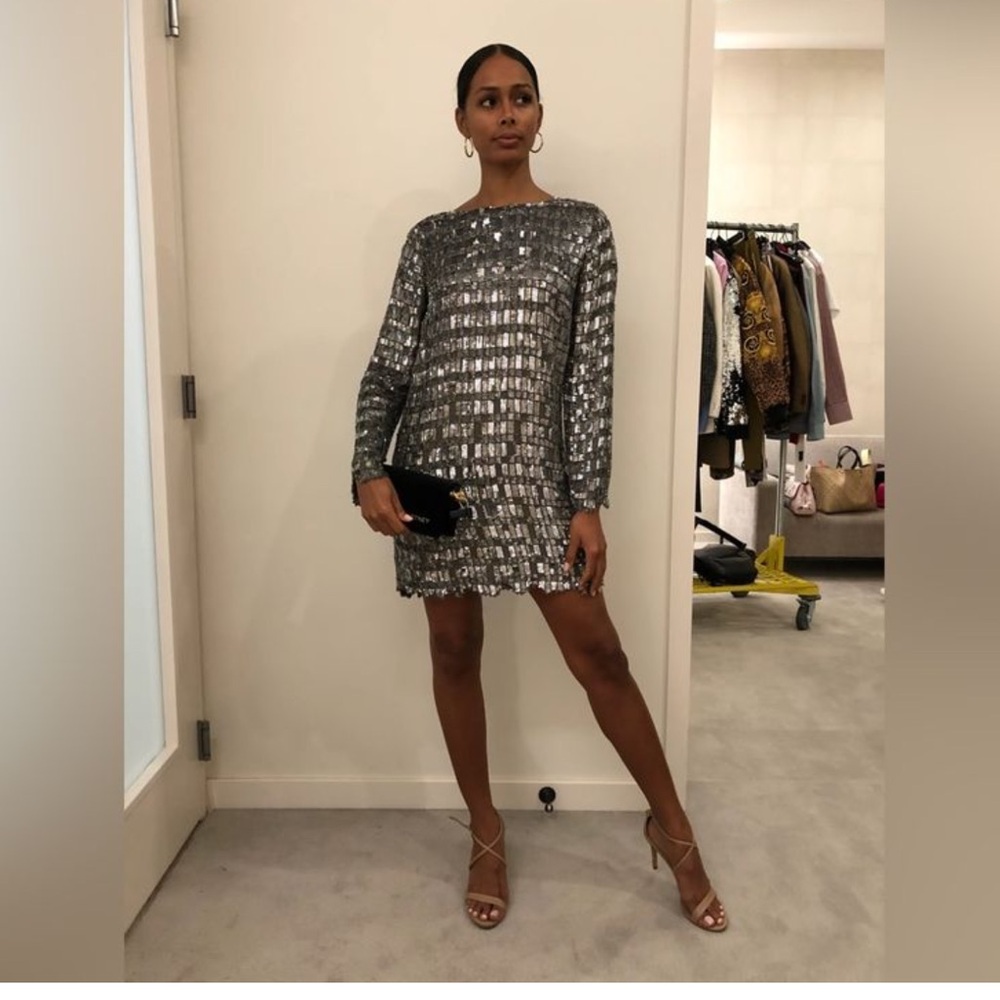 Retrofête Delilah hand-embroidered mini dress in a silver/grey tone